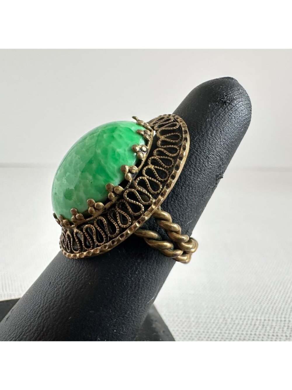 Vintage German Brass Filigree Ring Domed Green Art Glass Cabochon Adjustable